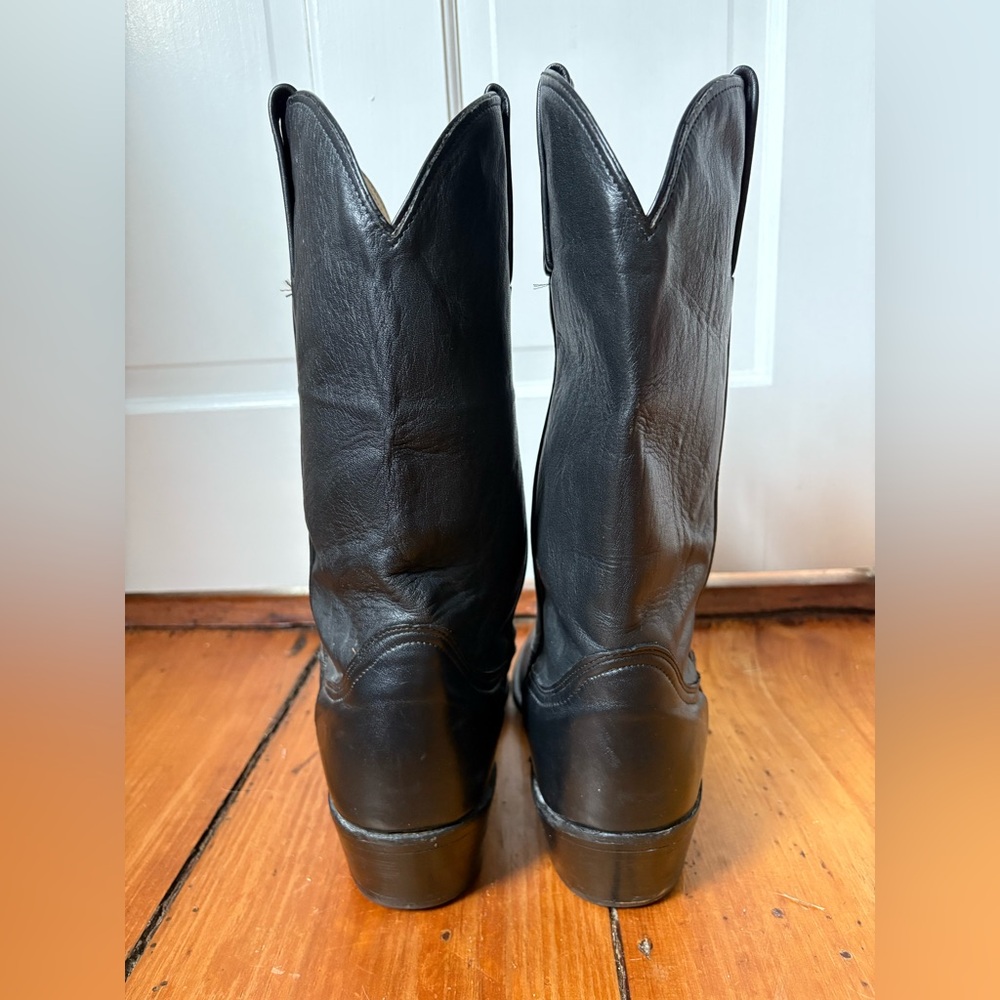 FRYE Vintage Black Pull-On Leather Cowboy Boots, Size 14 D - wide calves - Picture 8 of 12